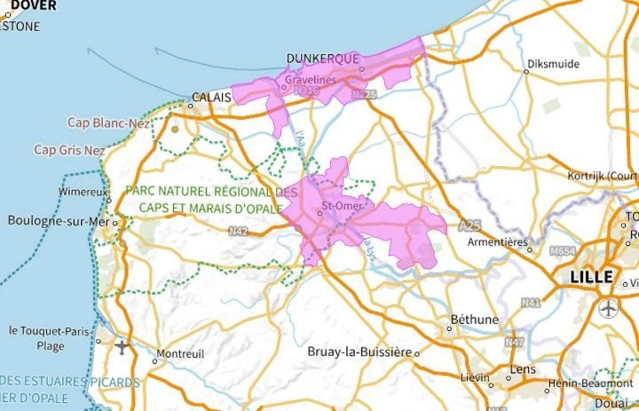Carte de l'allotissement Dunkerque local 1, DAB Flandres, Canal 8D - 201.072 MHz