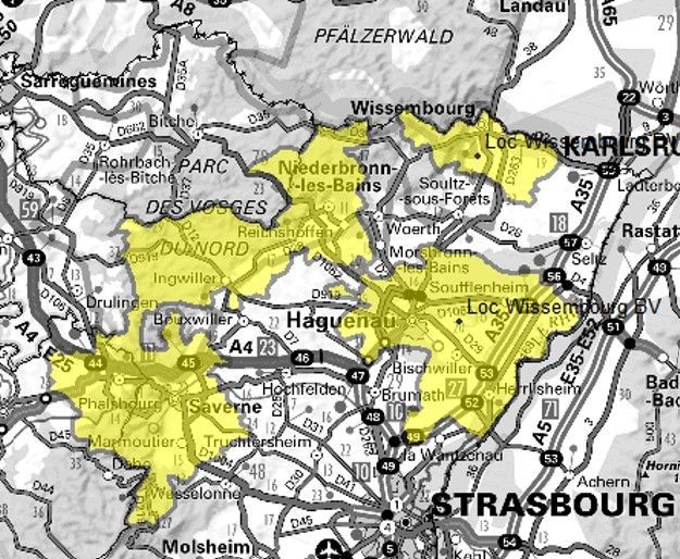 Carte de l'allotissement Haguenau local 1, Canal 7A - 188.928 MHz