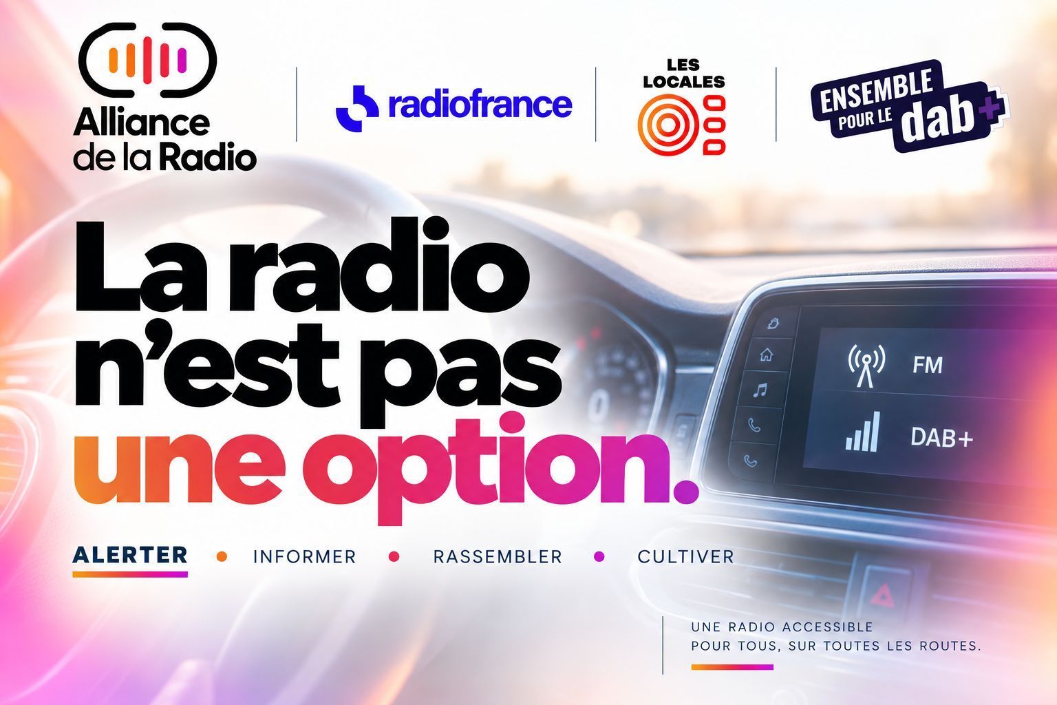 La radio n'est pas une option La radio n'est pas une option. Affiche du collectif de Radio France, Alliance de la Radio, Les Locales et Ensemble pour le DAB+