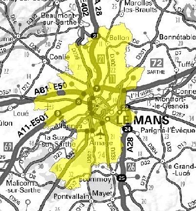 Carte de l'allotissement Le Mans local 1, Canal 7B - 190.640 MHz