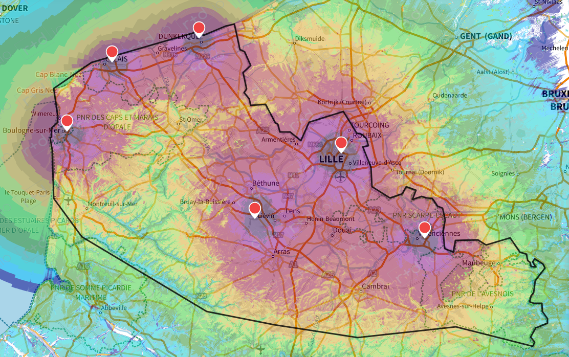 Couverture théorique du multiplex Lille étendu, r+d.io Maps Carte de couverture théorique du multiplex Lille étendu. Crédit image : r+d.io Maps