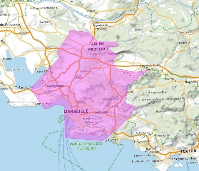Carte de l'allotissement Marseille local 2, SDN, Canal 8C - 199.360 MHz
