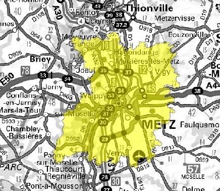 Carte de l'allotissement Metz local 1, Canal 5A - 174.928 MHz