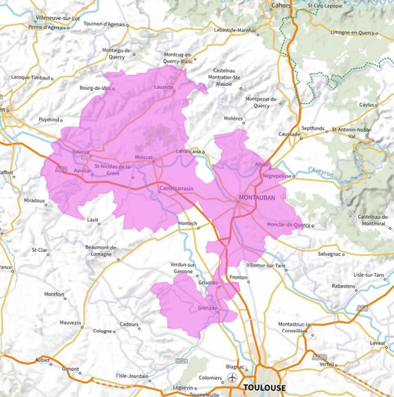 Carte de l'allotissement Montauban local, Canal 5C - 178.352 MHz
