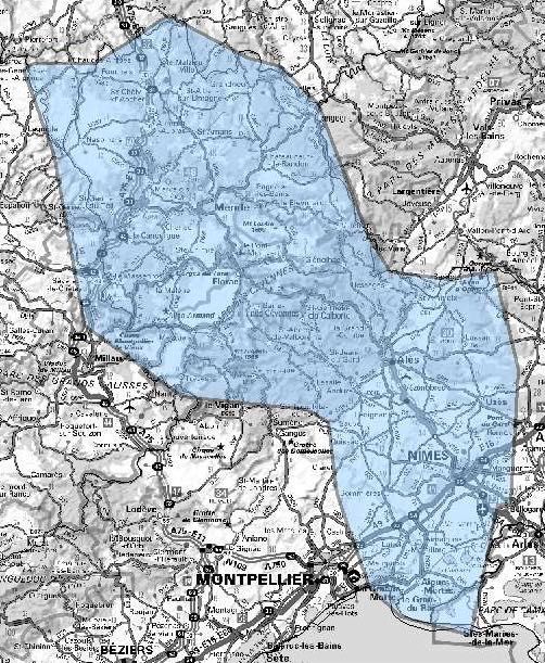 Carte de l'allotissement Multiplex Nîmes étendu, Canal 10A - 209.936 MHz