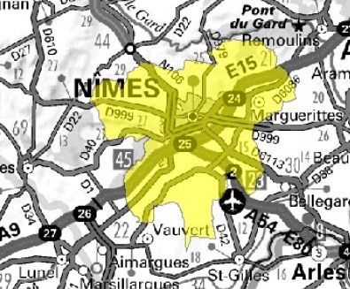 Carte de l'allotissement Nîmes local 1, Canal 11D - 222.064 MHz