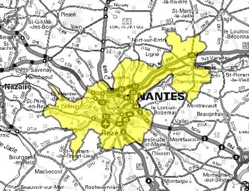 Carte de l'allotissement Nantes local 1, Canal 7B - 190.640 MHz
