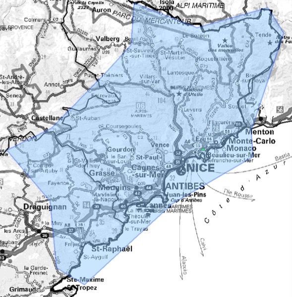 Carte de l'allotissement Nice étendu, Canal 11A - 216.928 MHz