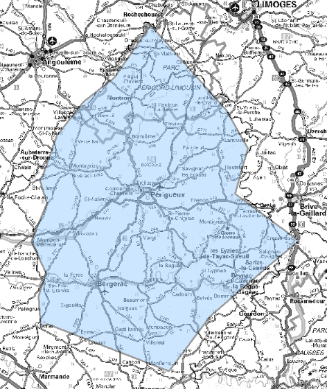 Carte de l'allotissement Périgueux étendu, Canal 6A - 181.936 MHz