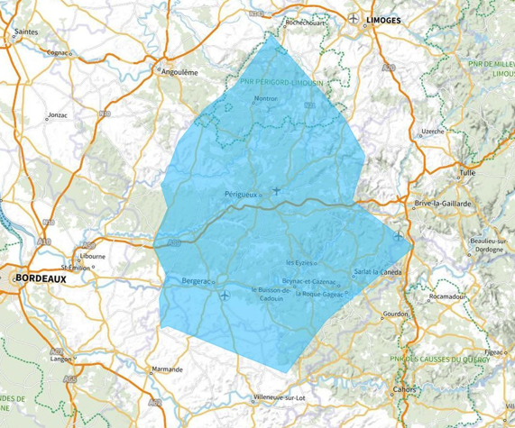Carte de l'allotissement Périgueux étendu, Canal 6A - 181.936 MHz
