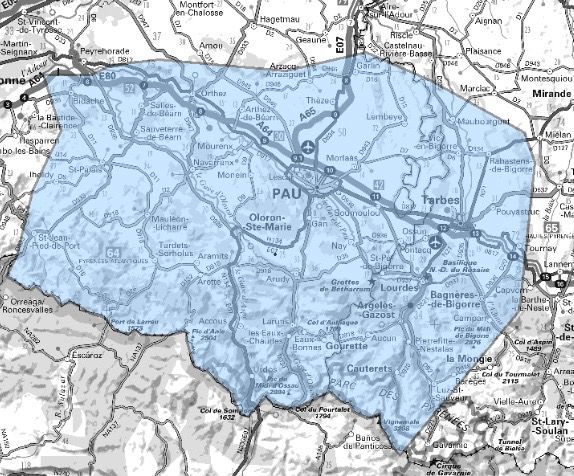 Carte de l'allotissement Pau étendu, Canal 6A - 181.936 MHz
