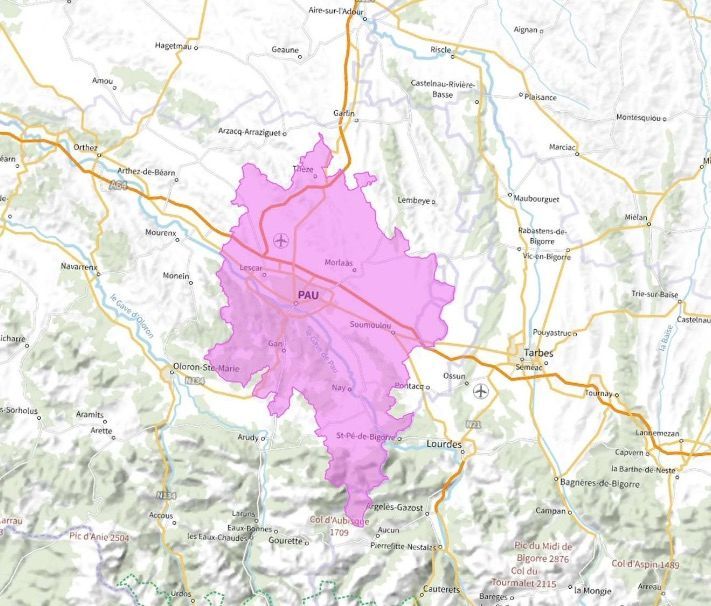 Carte de l'allotissement Pau local 1, Canal 9A - 202.928 MHz