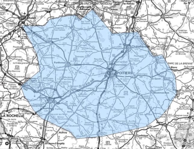 Carte de l'allotissement Poitiers étendu, Canal 9C, fréquence DAB+ : 206.352 MHz