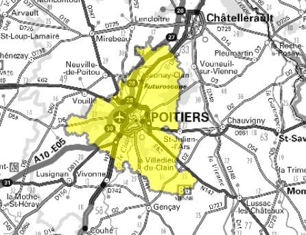 Carte de l'allotissement Poitiers local 1, Canal 7C, fréquence DAB+ : 192.352 MHz