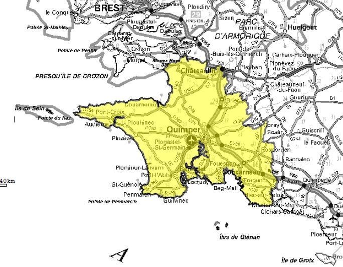 Carte de l'allotissement Quimper local 1, Canal 8A - 195.936 MHz