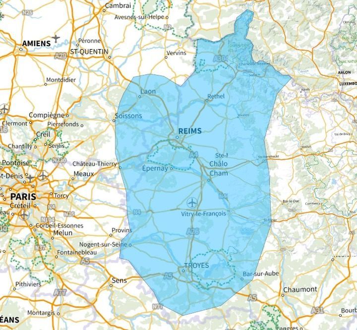 Carte de l'allotissement Reims étendu, Canal 9A - 202.928 MHz