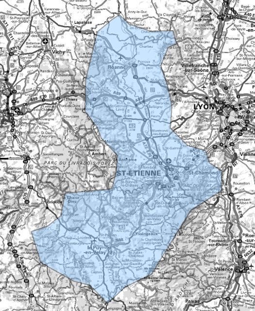 Carte de l'allotissement Saint-Étienne étendu, Canal 6C - 185.360 MHz