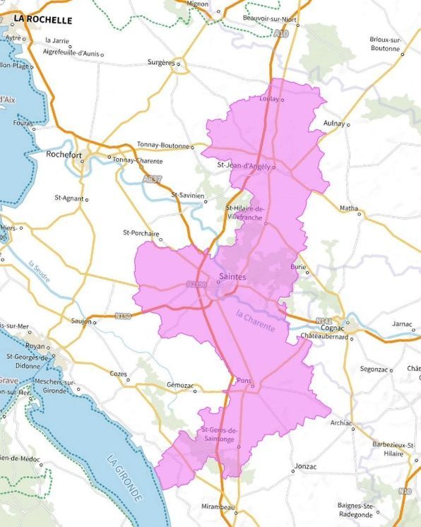 Carte de l'allotissement Saintes local, Canal 11D - 222.064 MHz, début :