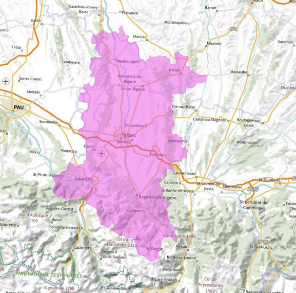 Carte de l'allotissement Tarbes 1, Canal 7B - 190.640 MHz