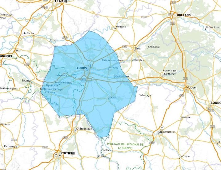 Carte de l'allotissement Tours étendu, Canal 6C - 185.360 MHz