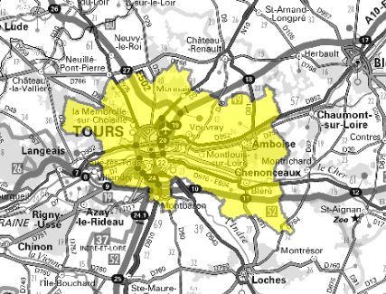 Carte de l'allotissement Tours local 1, Canal 9B - 204.640 MHz