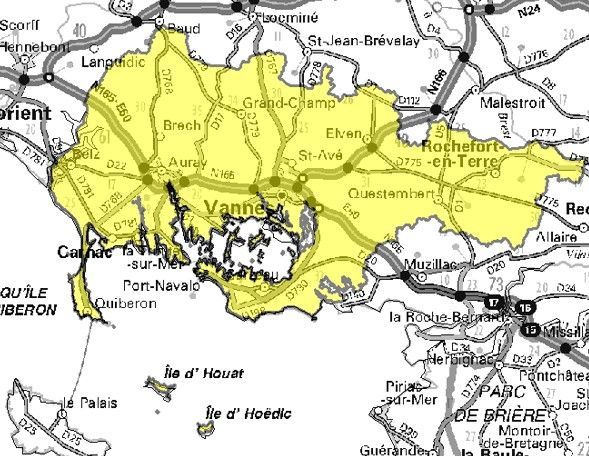 Carte de l'allotissement Vannes local 1, Canal 6B - 183.648 MHz