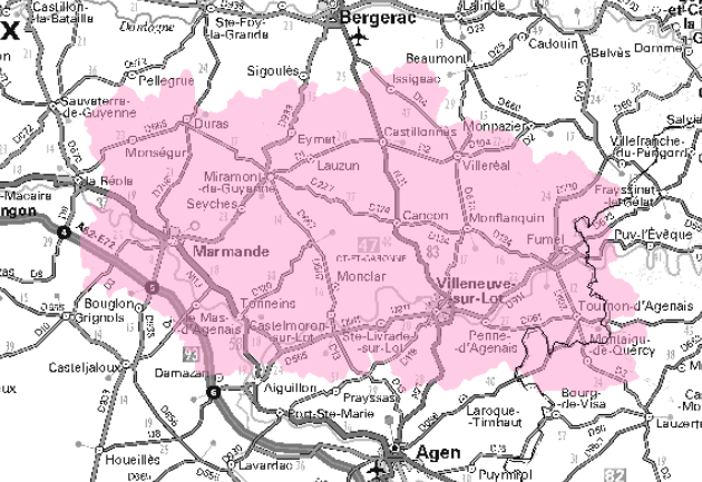 Carte de l'allotissement Villeneuve-sur-Lot local, Canal 6D - 187.072 MHz