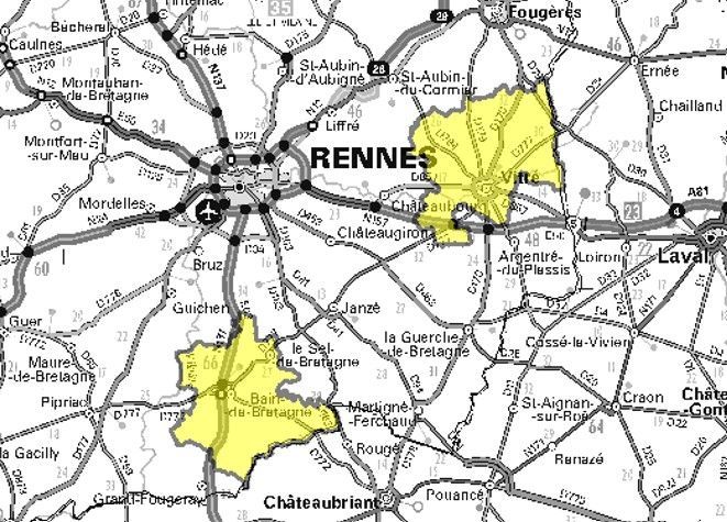Carte de l'allotissement Vitré local 1, Canal 8A - 195.936 MHz