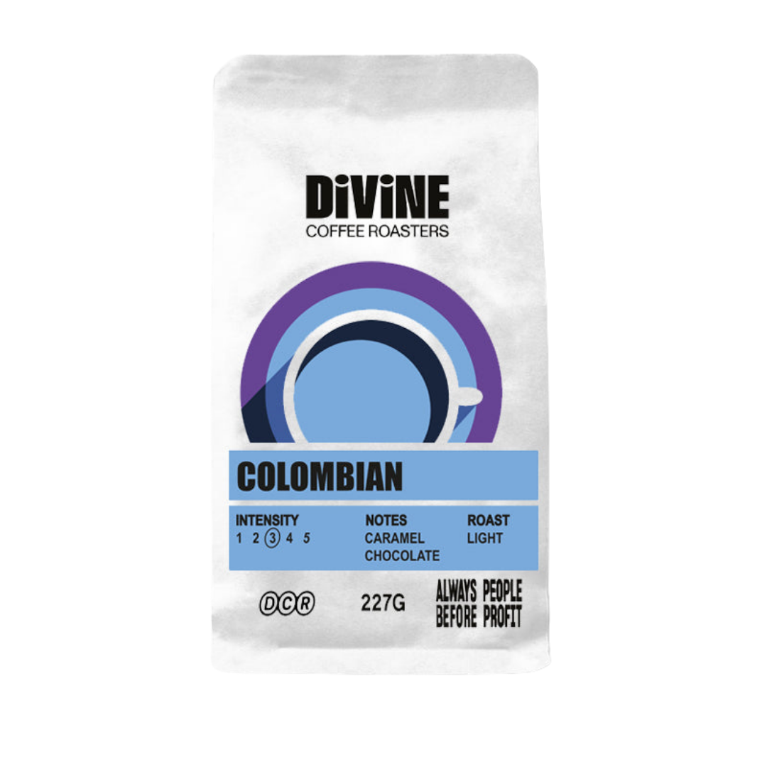 Divine Coffee Roasters: Fully washed single origin Colombian with rich flavour notes of chocolate and caramel, perfect with milk. Excellent weather patterns influenced by the Colombian stretch of the Andes help to craft this incredible bean.
Despite the smooth caramel flavours making Colombian seem better for cafetiere and espresso coffee, it actually works exceptionally well as V60 and Chemex as well. The Colombian is the most popular bean to drink at home amongst the staff!