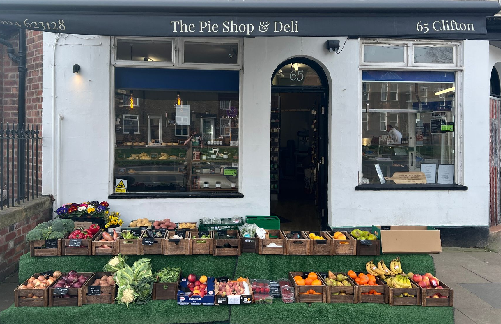 The Pie Shop & Deli Shop front with fruit & veg displayed outside