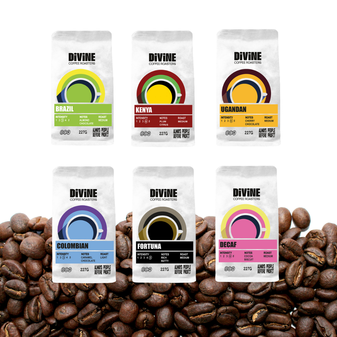 Divine Coffee Roaster's coffee available in whole bean and ground bean at The Pie Shop & Deli 65 Clifton, York, YO30 6BD