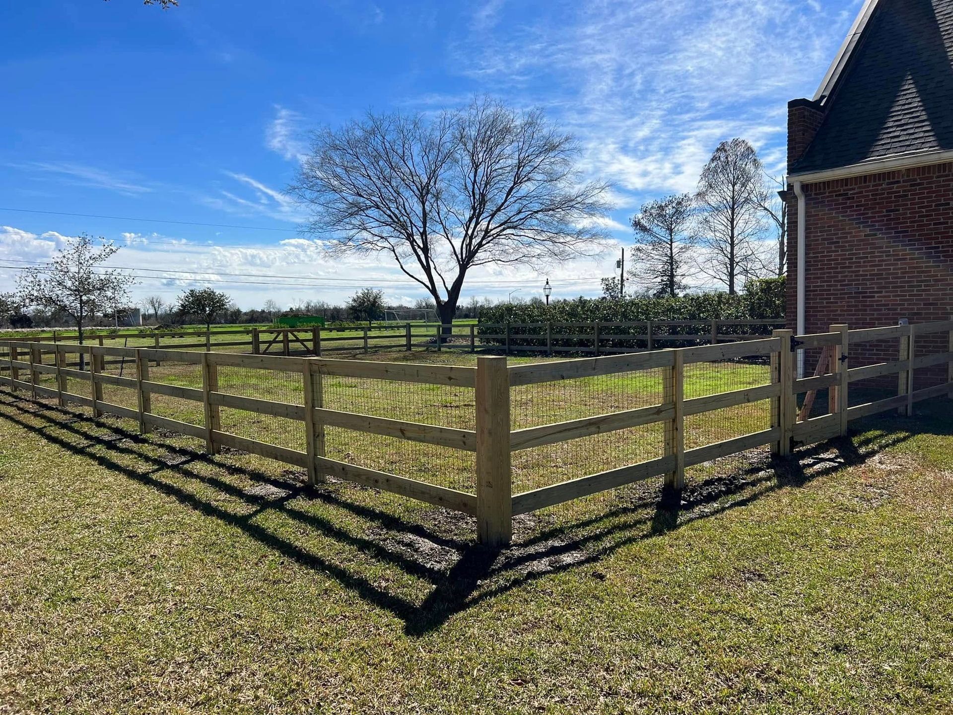 Wooden fence surrounds a grassy field with a leafless tree under a blue sky, next to a brick building.