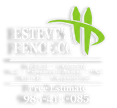 Logo for Esteve's Fence Co., with green logo above white text listing services and phone number.
