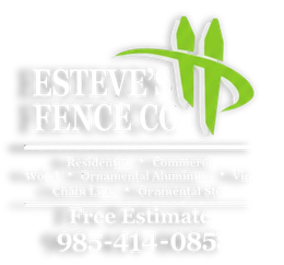 Logo for Esteve's Fence Co., with green logo above white text listing services and phone number.