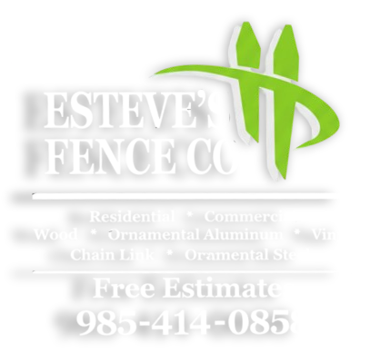 Logo for Esteve's Fence Co., with green logo above white text listing services and phone number.