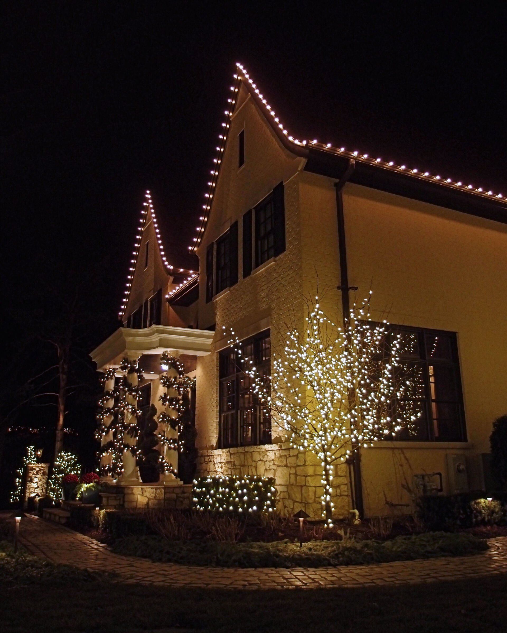 A house decorated with christmas lights at night