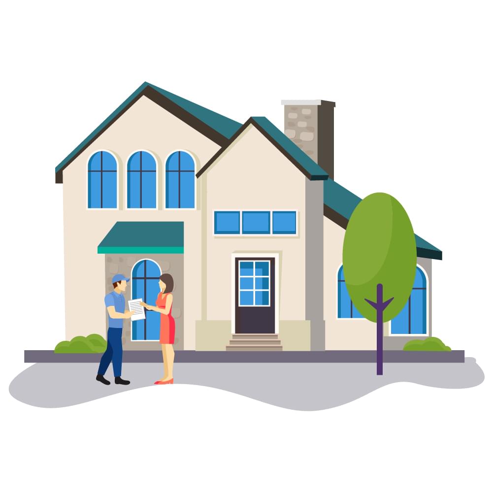 A man and a woman are standing in front of a house.