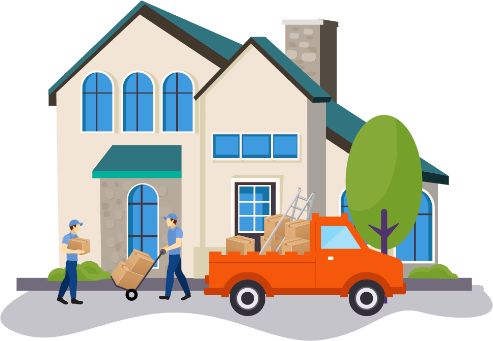 Two men are loading boxes into an orange truck in front of a house.