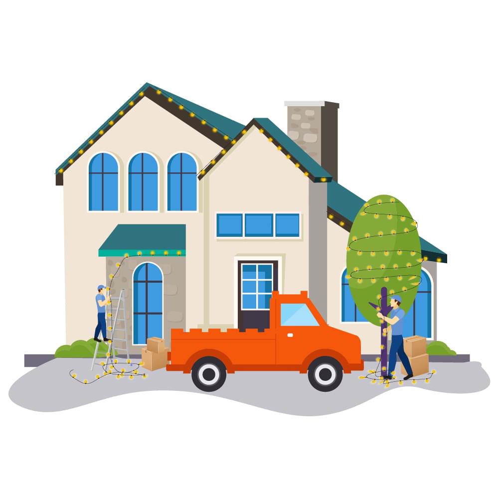 A red truck is parked in front of a house.
