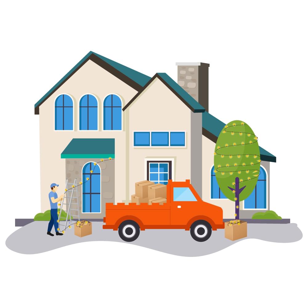 A delivery truck is parked in front of a house.
