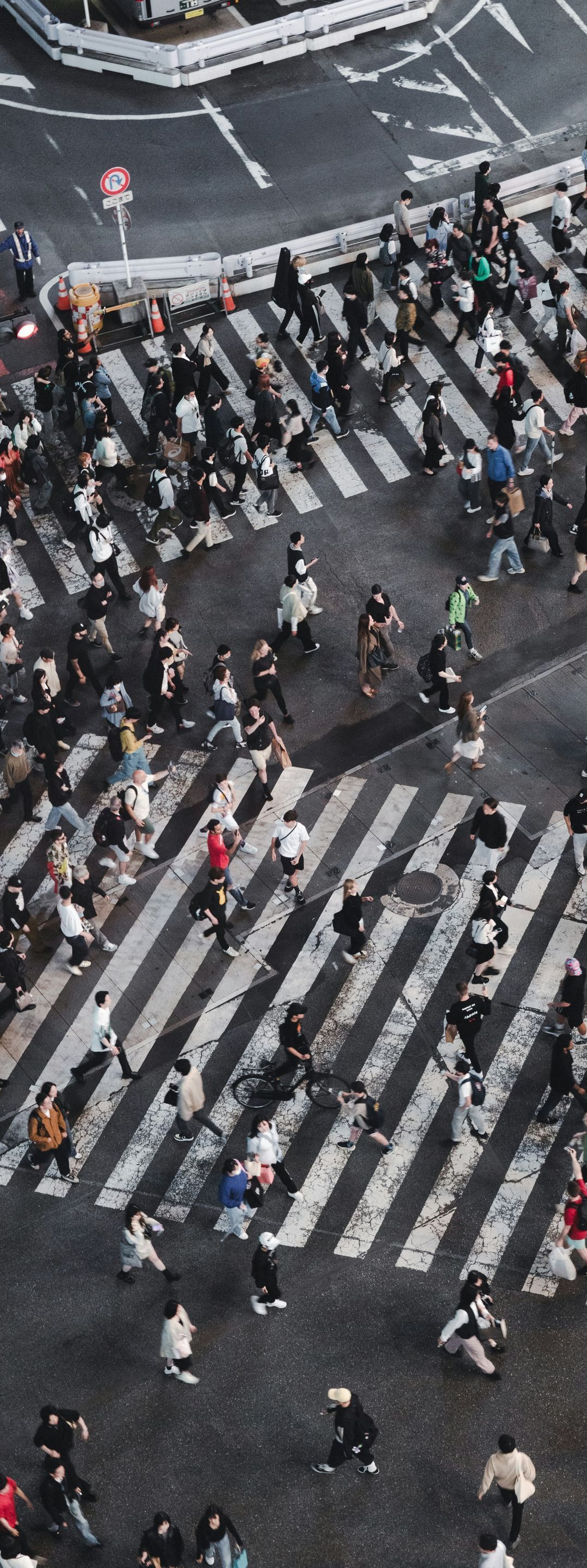 A large group of people are crossing a busy intersection.