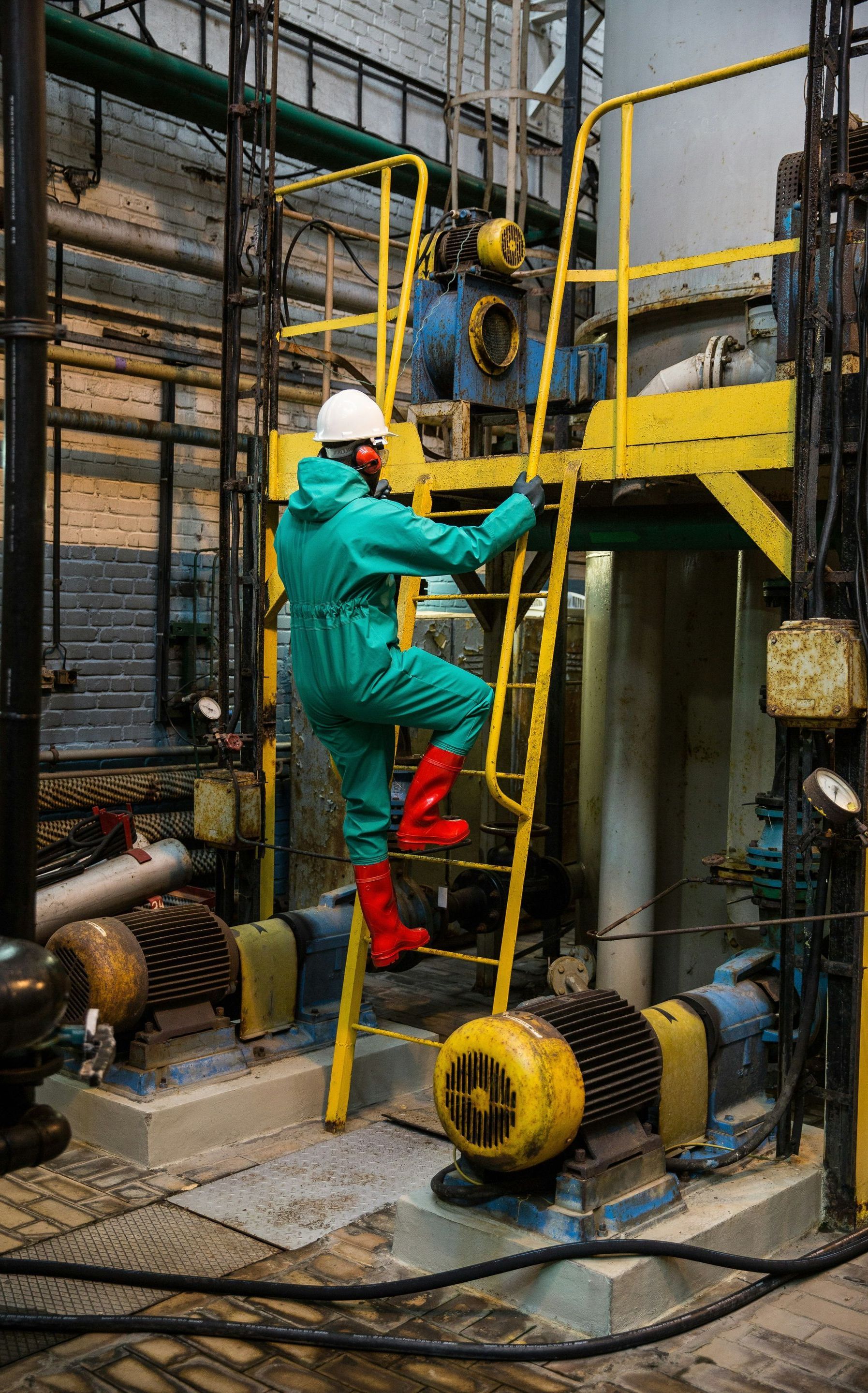 A man in a green jumpsuit is climbing a ladder in a factory.