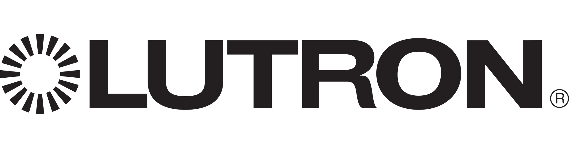 Le logo de Lutron est noir et blanc et comporte un soleil dessus.