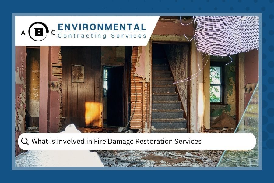 Interior view of a fire-damaged house, advertisement for fire damage restoration services.