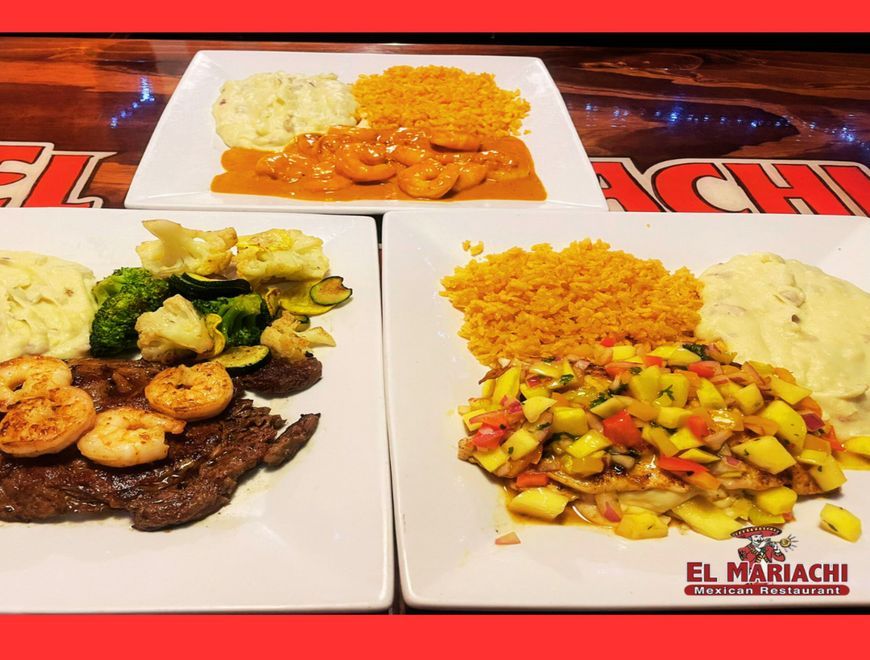 Three plates of food from El Mariachi Restaurant, each featuring combinations of seafood, steak, rice, and vegetables.