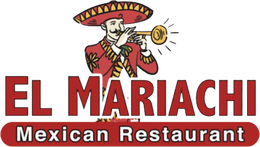 Logo for El Mariachi Mexican Restaurant featuring an illustration of a musician playing a trumpet beneath bold red text.