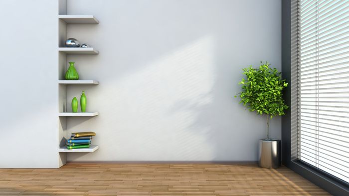 Sparse timber floored room, with build in shelves with books, vases and decorative items. Floor to ceiling window with open venetian blinds and green potted bush in front.