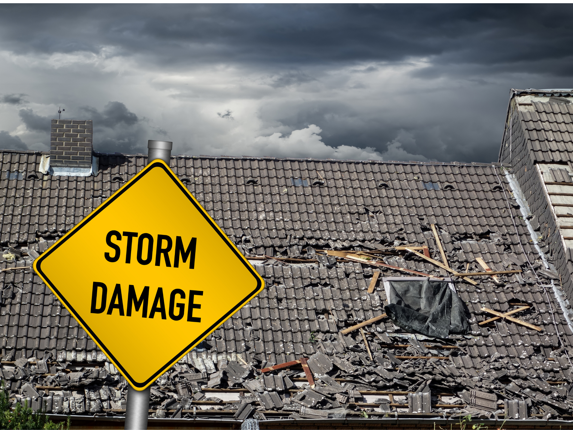 Roof with severe storm damage and warning sign under dark clouds, emphasizing the importance of a home and auto insurance broker service in San Tan Valley, AZ