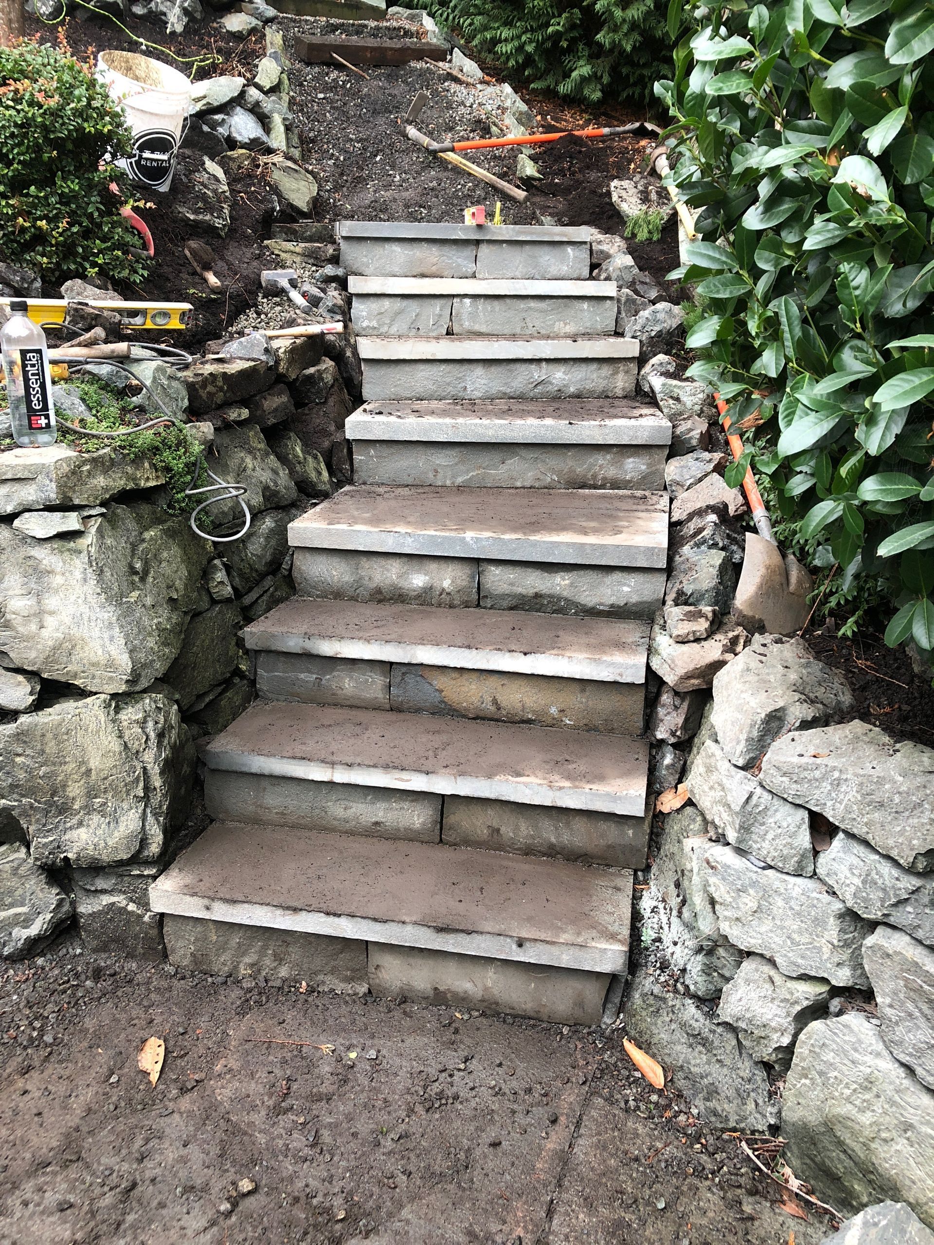 Stone steps ascending through a garden with rocky walls and green ivy on both sides