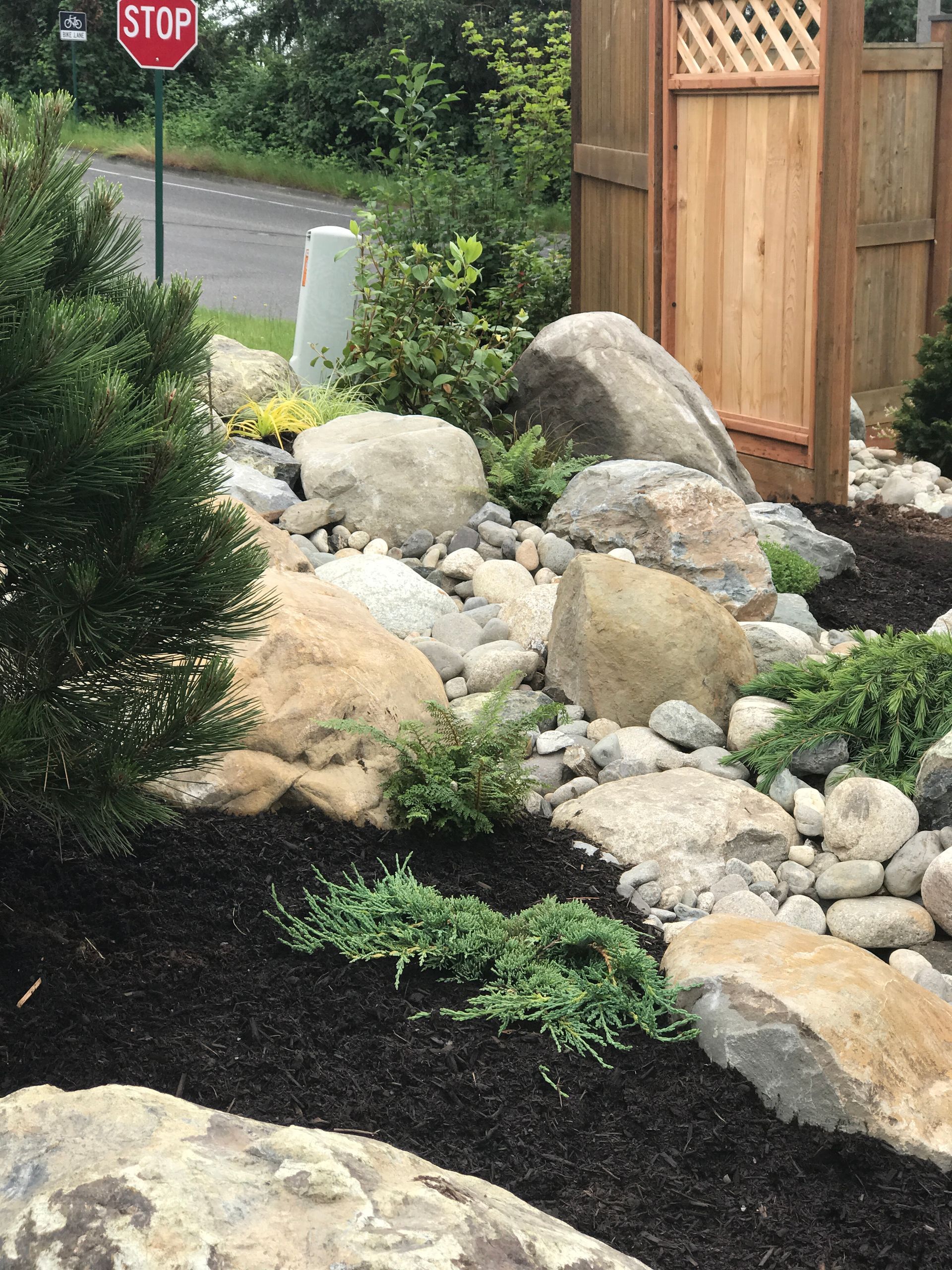 Rock garden with large boulders, dark mulch, and a stop sign beside a wooden fence.